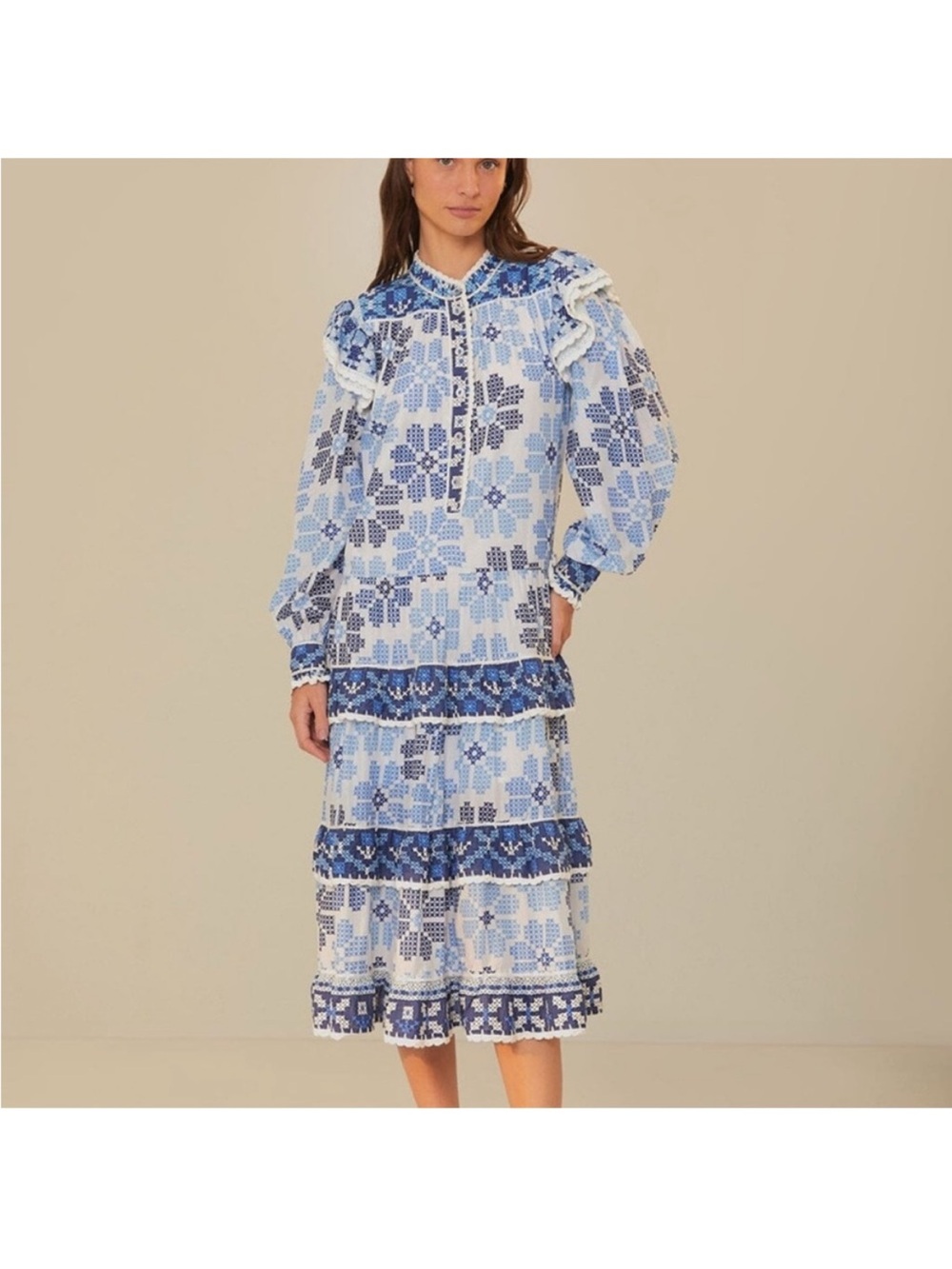 FARM Rio Blue and White Floral-Print Tiered Midi Dress
